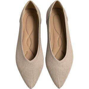 Women's Beige Flats Pointed Toe Knit Ballet breathable Comfortable Rubber Shoes